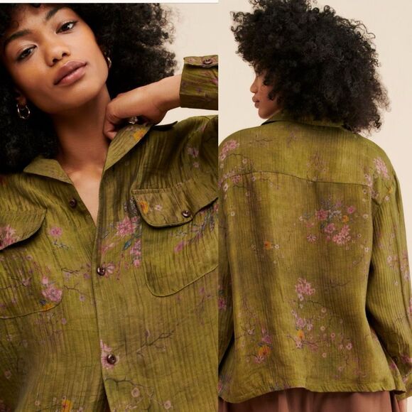 Free People | Found Floral Moss Camp Shirt Olive Green Button Down Medium - Picture 2 of 12